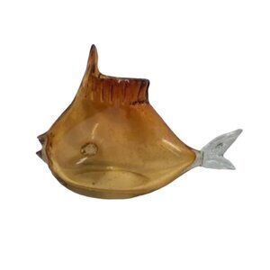 Large Crystal Art Glass Hand Blown Clear Fish Sea Ocean Beach Vase Bowl Amber 11